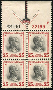 US #834 1938 $5 carmine and black, top plate number block of four, hinged in margin (stamps never hinged). Cat. 823