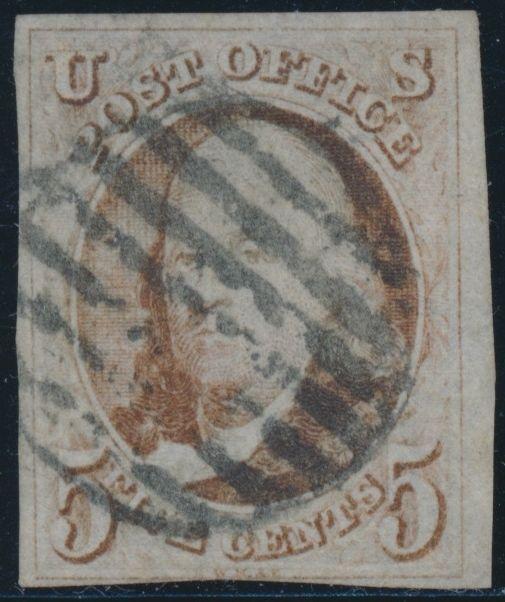 US #1 1847 USED WITH BLACK GRID CANCEL